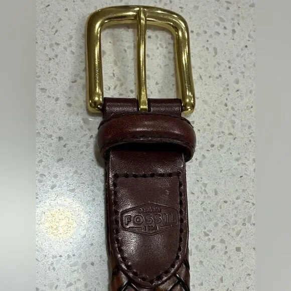 Fossil Vintage Brown Braided Leather Belt Size 34 Brass Buckle LNWT - Picture 8 of 10